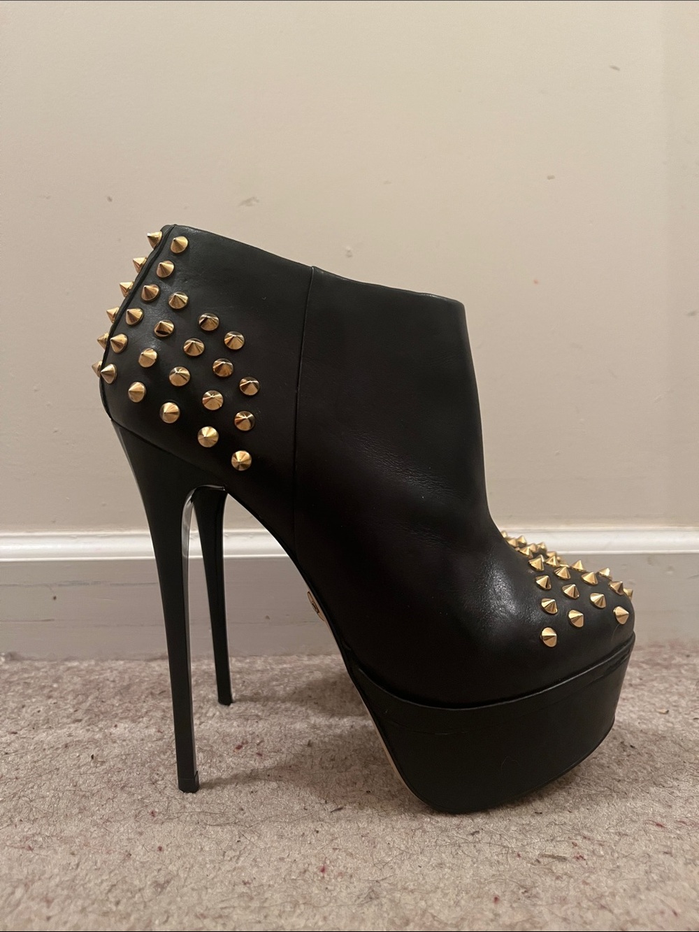 Kurt Geiger Black Leather Platform Ankle Boot with Gold Studs